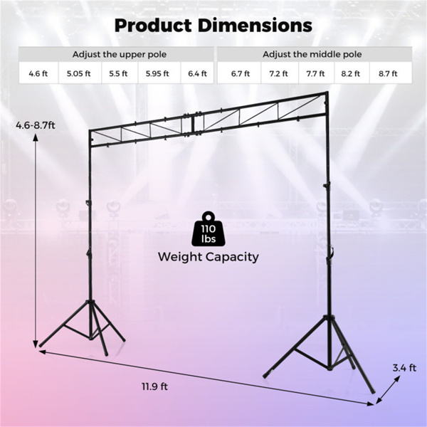 4.6–8.7英尺可折叠三脚架舞台灯架10高度可调节金属特拉斯，用于DJ婚礼音乐会-6