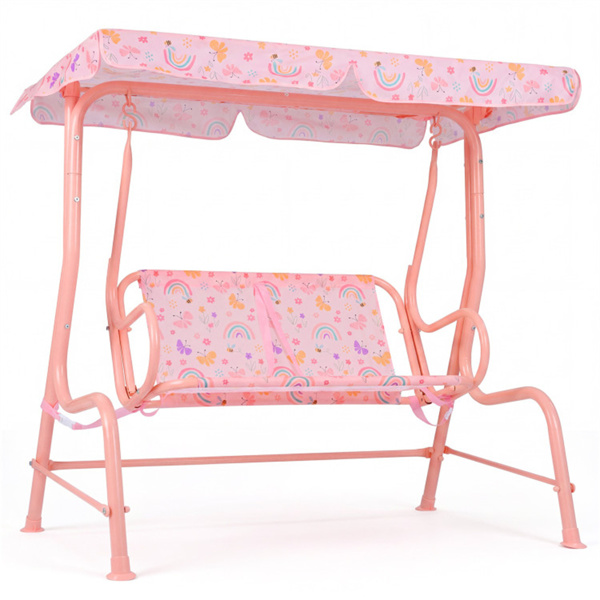带可调节顶棚和安全带的2座儿童露台秋千室外幼儿秋千台 - 粉色-2