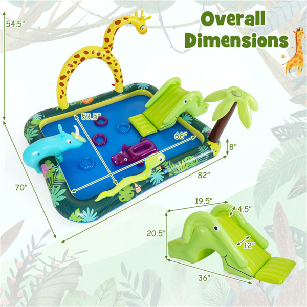 82英寸充气丛林喷水池，带长颈鹿喷水器和滑梯，后院儿童水上游乐中心-5
