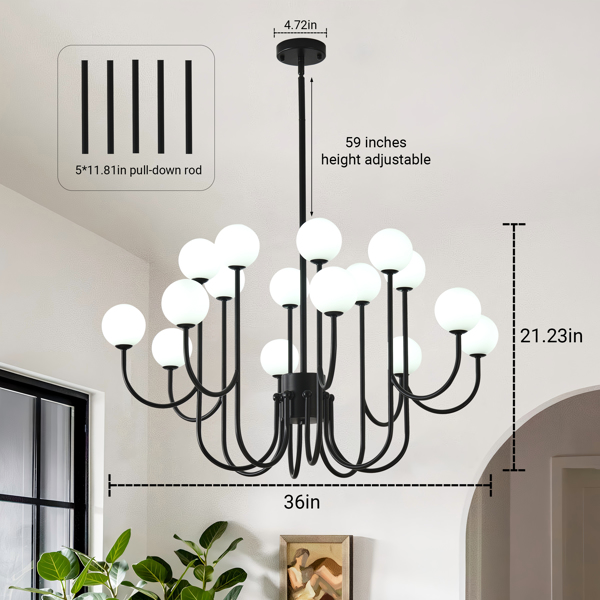 16-Light Glass Globe Sputnik Chandelier,  36.6” Mid-Century Modern Chandeliers Black Sputnik Light Fixtures for Living Room Bedroom Dining Room-4