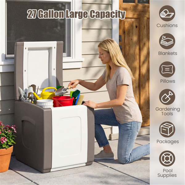 27加仑室外PP甲板箱防水露台储物箱，带侧把手和双色调设计- 米色-6