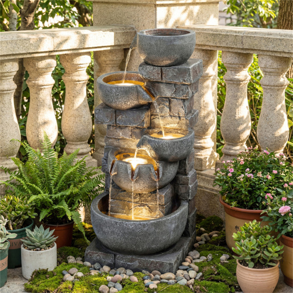 5层级联式喷泉，24个LED灯灰色树脂室外水景-2