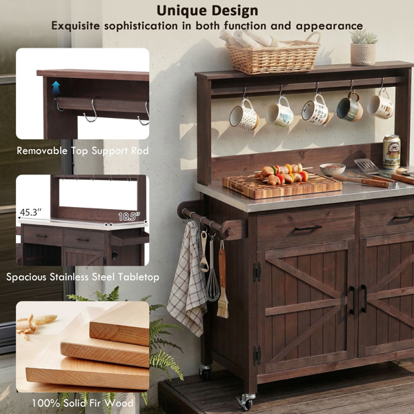54.1英寸户外厨房岛台，带高架置物架；大型户外园艺工作台，不锈钢台面，带储物柜；实木烧烤车，带可锁定轮子，适用于烧烤和花园，棕色-7