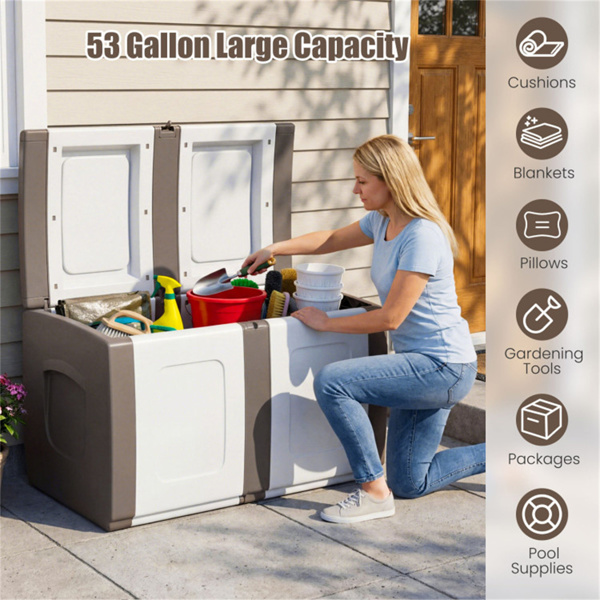 53加仑大型户外PP甲板箱防水储物箱，带可锁盖和侧把手- 米色-7