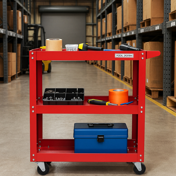 工具房多功能推车，三层200磅承重重型钢制滚动推车，中号带边搁板，360°旋转轮，符合人体工学的储物把手，适用于仓库车库，红色--不支持self-pick up且不支持指定仓库发货-4