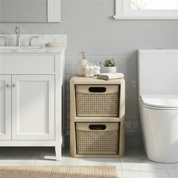 双抽屉PP储物整理器柳条式窄柜，适用于家庭办公室-7