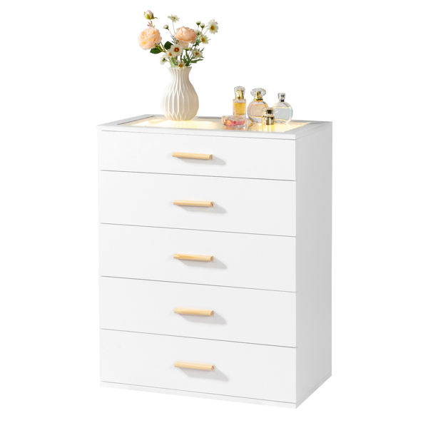 白色 刨花板+钢化玻璃 贴麻面三胺 66*35*83cm 柜面可视面 五抽 抽屉柜 带RGB灯-1