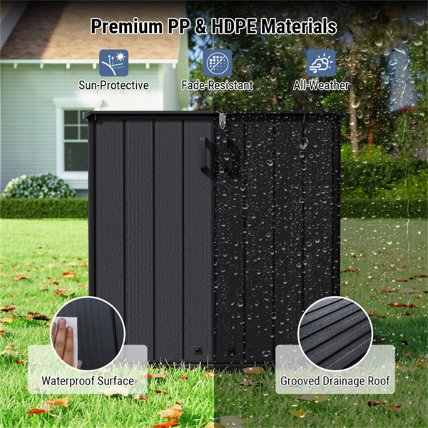 23.5立方英尺户外储物棚，带可上锁门，PP HDPE水平园艺工具柜 - 黑色-11