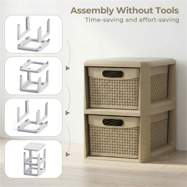 双抽屉PP储物整理器柳条式窄柜，适用于家庭办公室-8
