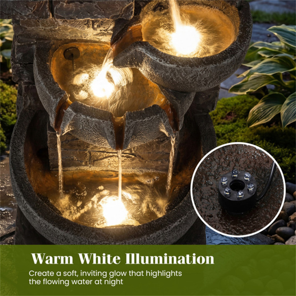 5层级联式喷泉，24个LED灯灰色树脂室外水景-6