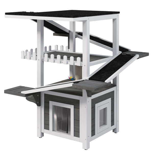 四层户外猫屋，防风雨猫树塔，带防水屋顶和双门，流浪猫户外庇护所，多层游戏区带阳台，适用于小型动物，灰白色--不支持self-pick up且不支持指定仓库发货-6