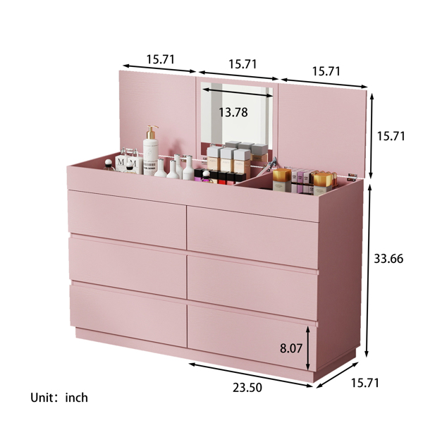 粉色浮雕ZSH012 P2 12MM 刨花板 贴三胺 120*40*85.5cm 六抽带镜 抽屉柜-3