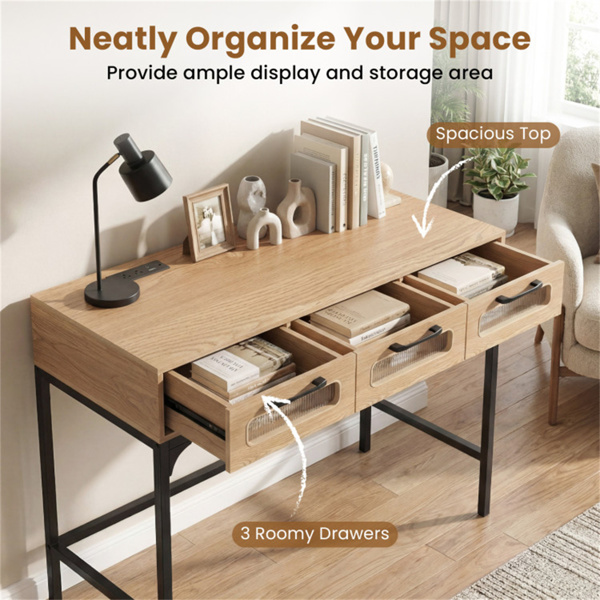 35.5“带LED灯和电源站的窄控制台桌，带充电口的3抽屉入口沙发桌-10