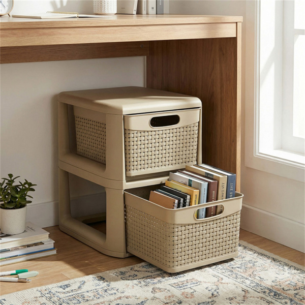 双抽屉PP储物整理器柳条式窄柜，适用于家庭办公室-2