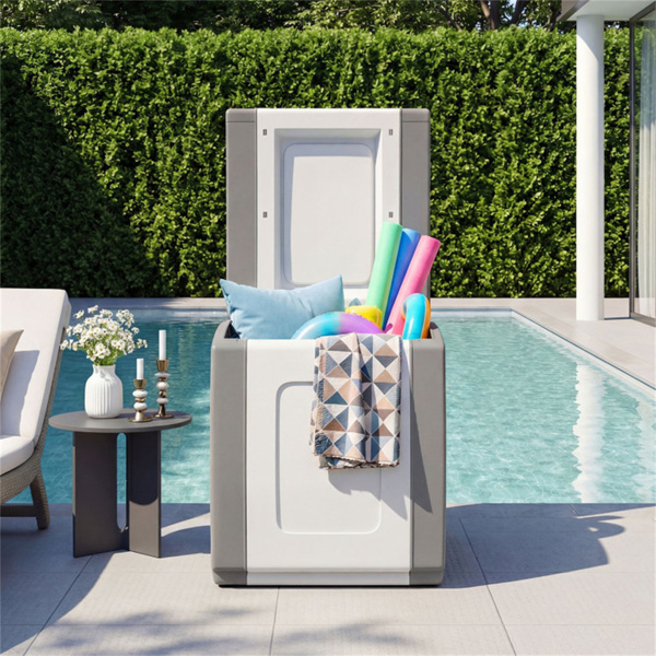 7加仑室外PP甲板箱防水露台储物箱，带侧把手和双色调设计- 灰色-9