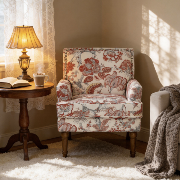 装饰椅、花卉扶手椅、铆钉装饰、红白装饰、实木椅腿、农舍家具、软垫拖鞋椅、边椅、传统印花、Wayfair 客厅。-2