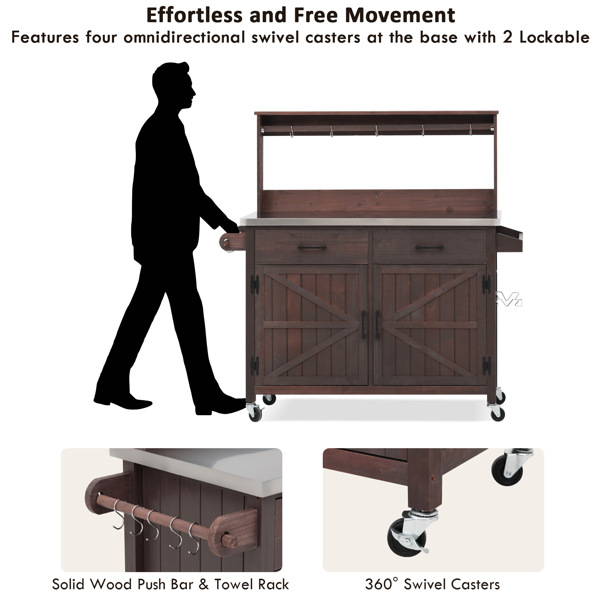 54.1英寸户外厨房岛台，带高架置物架；大型户外园艺工作台，不锈钢台面，带储物柜；实木烧烤车，带可锁定轮子，适用于烧烤和花园，棕色-9