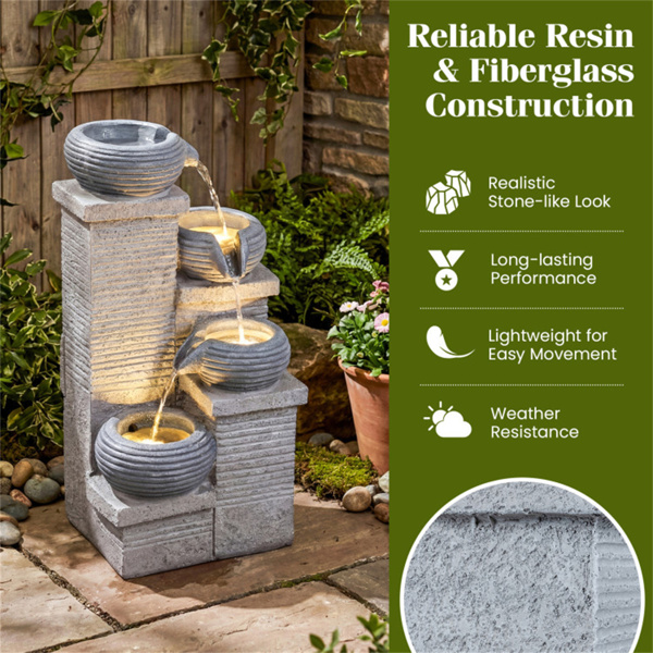 4层级联喷泉，带暖白色LED灯树脂室内室外水景-5