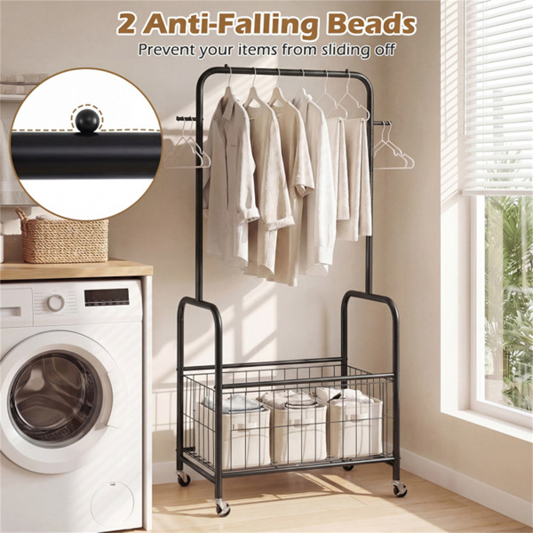 三合一滚动衣架，带储物篮和挂钩，洗衣房金属衣架 - 黑色-10