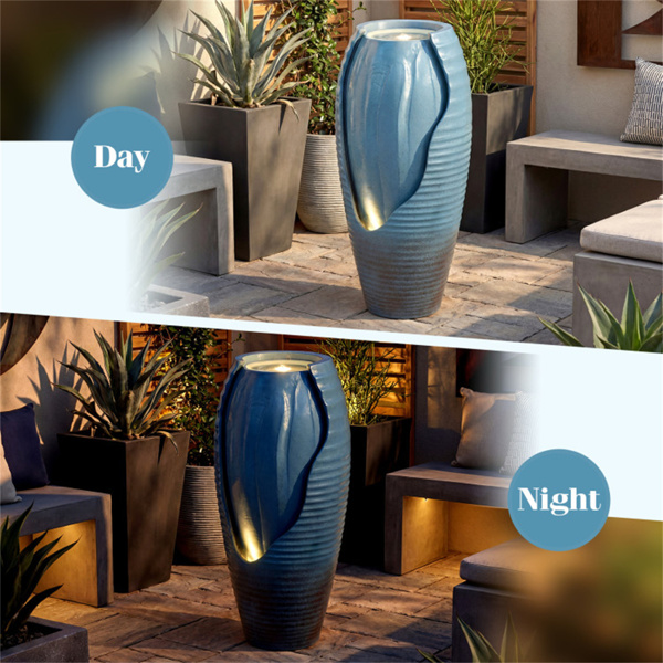 16英寸×32英寸户外带LED灯的开裂罐式喷泉树脂庭院水景-2