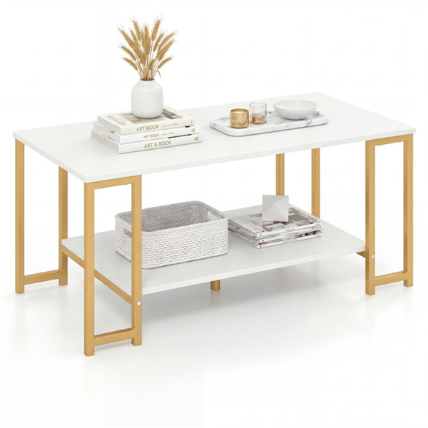 2层现代咖啡桌，带开放式储物架，适用于客厅和机器人真空友好型-2