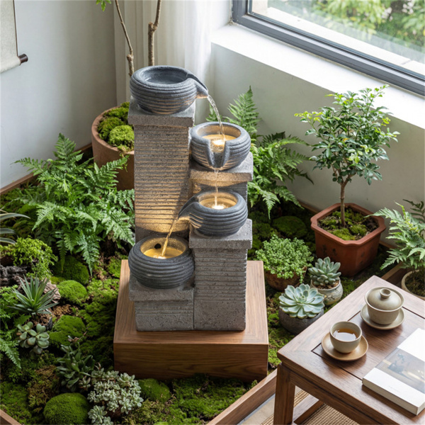 4层级联喷泉，带暖白色LED灯树脂室内室外水景-4