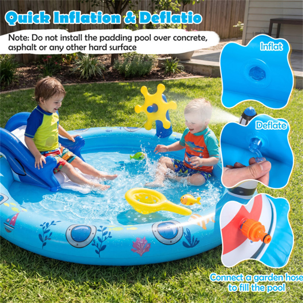 74英寸充气式海洋喷水池，带鲨鱼滑梯和灯塔喷水器，后院儿童水上游乐中心-9