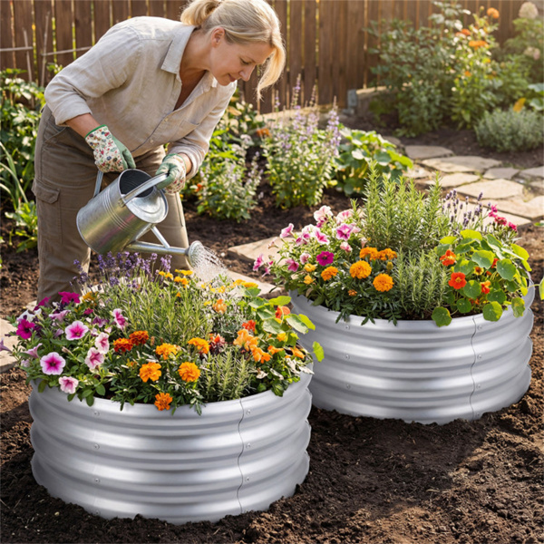 圆形镀锌钢高架花园床24×24×11.5户外蔬菜草本花卉花盆-8