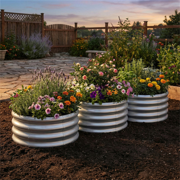 圆形镀锌钢高架花园床24×24×11.5户外蔬菜草本花卉花盆-5