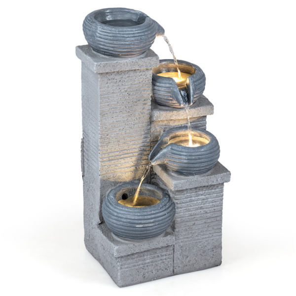 4层级联喷泉，带暖白色LED灯树脂室内室外水景-6