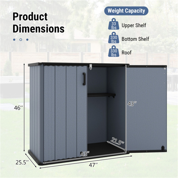 23.5立方英尺户外储物棚，带可上锁门，PP HDPE水平园艺工具柜 - 灰色-8