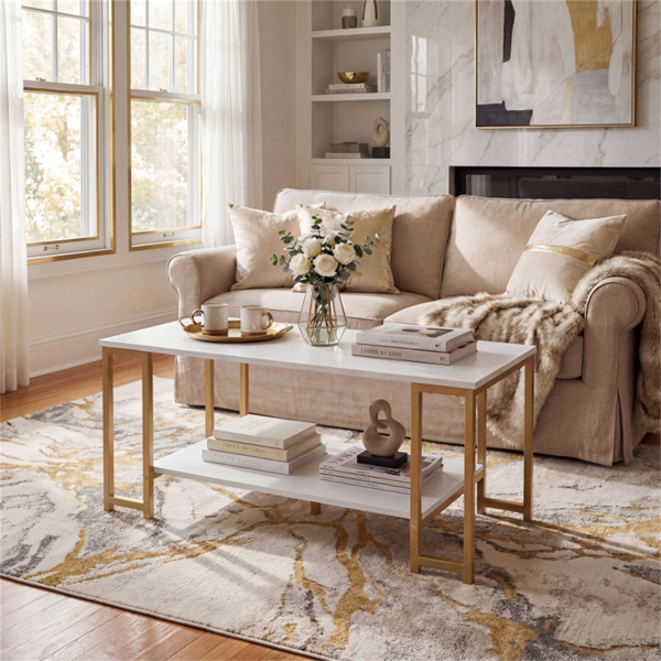 2层现代咖啡桌，带开放式储物架，适用于客厅和机器人真空友好型-8