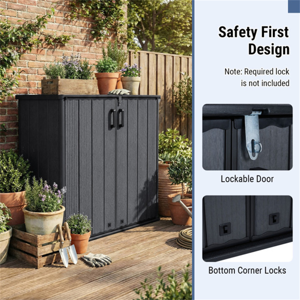 23.5立方英尺户外储物棚，带可上锁门，PP HDPE水平园艺工具柜 - 黑色-9