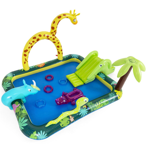 82英寸充气丛林喷水池，带长颈鹿喷水器和滑梯，后院儿童水上游乐中心-3