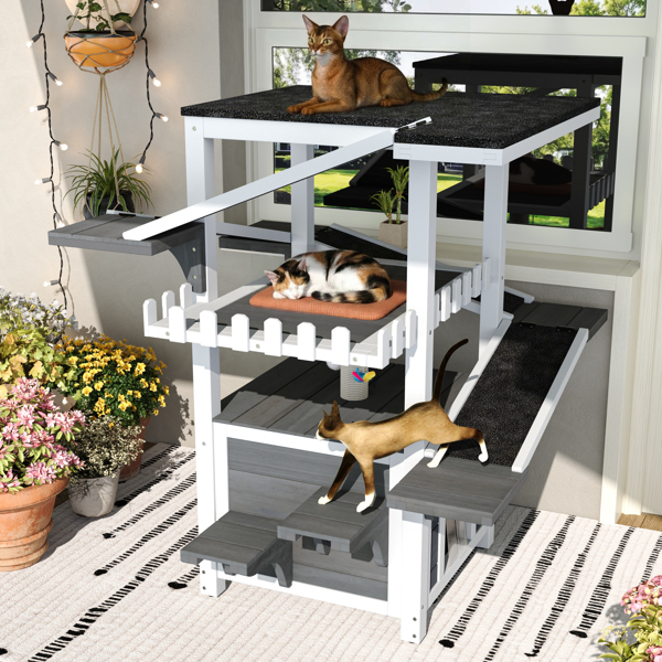 四层户外猫屋，防风雨猫树塔，带防水屋顶和双门，流浪猫户外庇护所，多层游戏区带阳台，适用于小型动物，灰白色--不支持self-pick up且不支持指定仓库发货-2