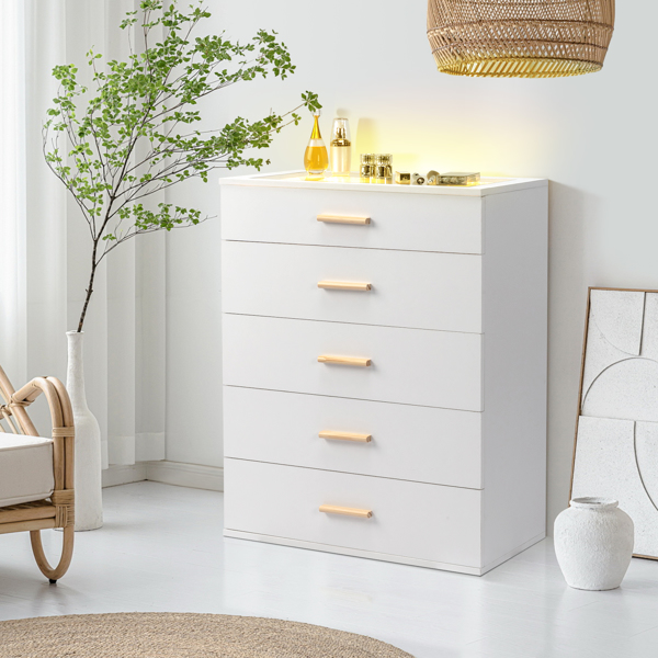 白色 刨花板+钢化玻璃 贴麻面三胺 66*35*83cm 柜面可视面 五抽 抽屉柜 带RGB灯-9