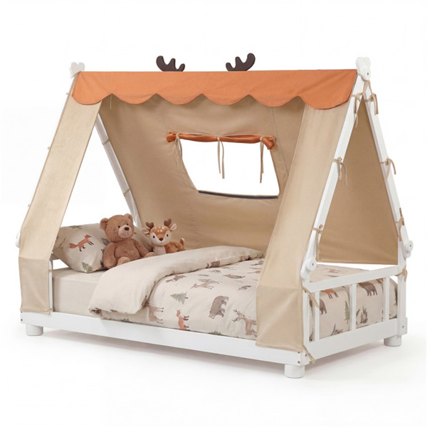 双床蒙特梭利家庭地板床，带可拆卸雨棚帐篷，带护栏的实木儿童床- 白色-1