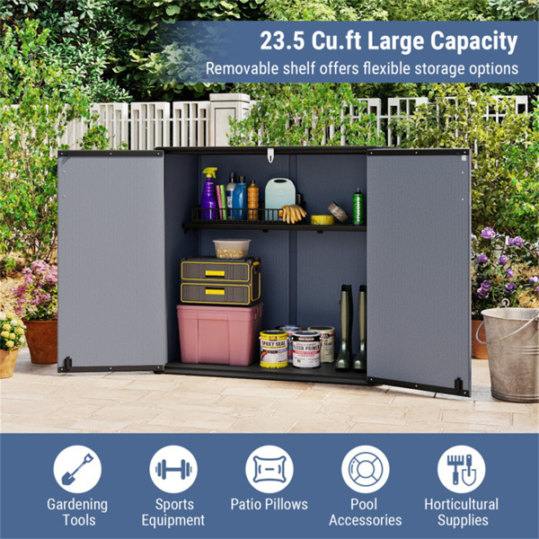 23.5立方英尺户外储物棚，带可上锁门，PP HDPE水平园艺工具柜 - 灰色-11