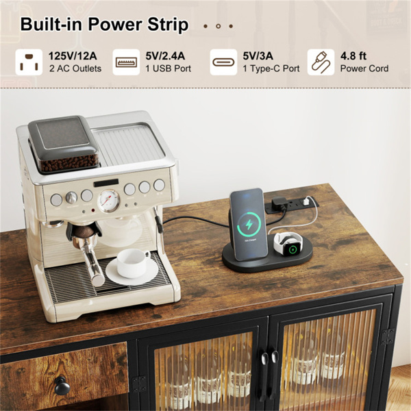 乡村棕色咖啡吧桌，带储物抽屉柜RGB LED和电源插座-8