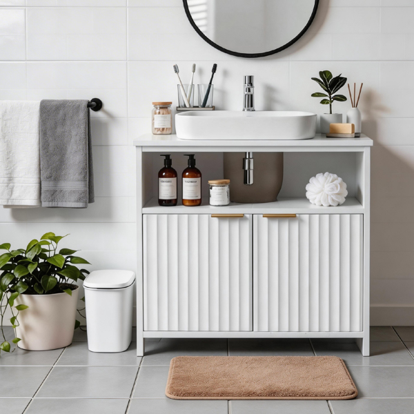 白色 刨花板三胺贴面 格栅吸塑 二门一搁架 面盆柜 60*30*60cm-9