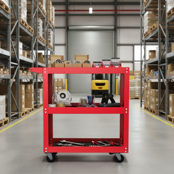 工具房多功能推车，三层200磅承重重型钢制滚动推车，中号带边搁板，360°旋转轮，符合人体工学的储物把手，适用于仓库车库，红色--不支持self-pick up且不支持指定仓库发货