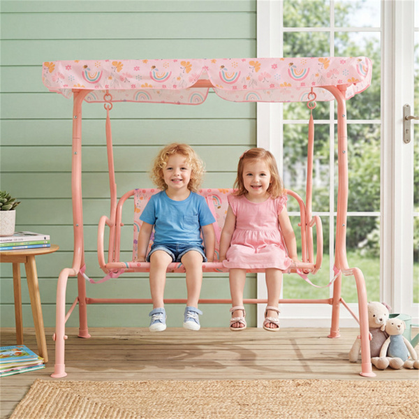 带可调节顶棚和安全带的2座儿童露台秋千室外幼儿秋千台 - 粉色-4