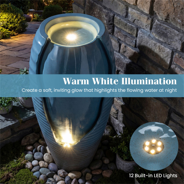 16英寸×32英寸户外带LED灯的开裂罐式喷泉树脂庭院水景-9