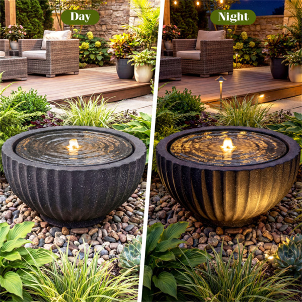 18英寸圆形球形喷泉，带6个LED灯灰色树脂室内室外水景-10