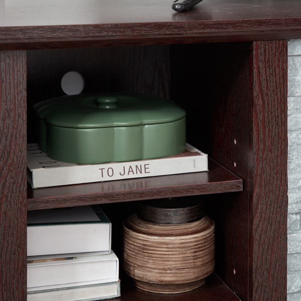 带仿堆石装饰的电视媒体支架，现代娱乐控制台，带开放储物空间，樱桃木，尺寸：58.31英寸宽*15.39英寸深*26.06英寸高--不支持self-pick up且不支持指定仓库发货-12