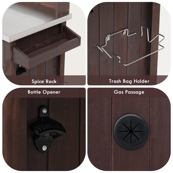 54.1英寸户外厨房岛台，带高架置物架；大型户外园艺工作台，不锈钢台面，带储物柜；实木烧烤车，带可锁定轮子，适用于烧烤和花园，棕色-8