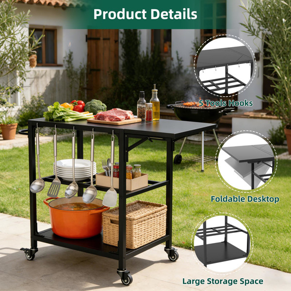 适用于Big Green Egg烧烤炉的户外烧烤桌，重型金属推车式备餐台，带轮子、储物架、挂钩和可拆卸中央盖，兼容大型Big Green Egg烧烤炉--不支持self-pick up且不支持指定仓库发货-10