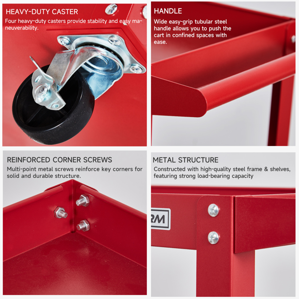工具房多功能推车，三层200磅承重重型钢制滚动推车，中号带边搁板，360°旋转轮，符合人体工学的储物把手，适用于仓库车库，红色--不支持self-pick up且不支持指定仓库发货-5