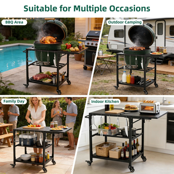 适用于Big Green Egg烧烤炉的户外烧烤桌，重型金属推车式备餐台，带轮子、储物架、挂钩和可拆卸中央盖，兼容大型Big Green Egg烧烤炉--不支持self-pick up且不支持指定仓库发货-11