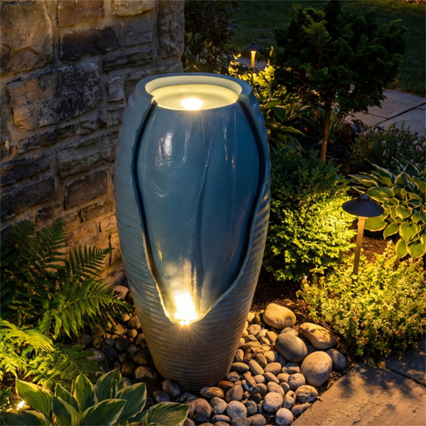 16英寸×32英寸户外带LED灯的开裂罐式喷泉树脂庭院水景-1